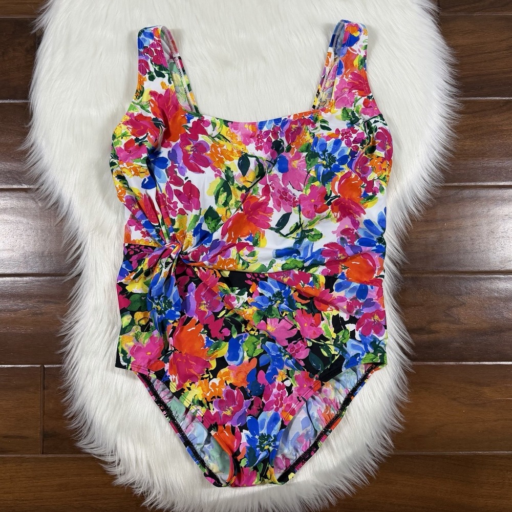 Longitude Mimi Flamingo Women's Size 14 Floral Twist Draped One Piece Swimsuit